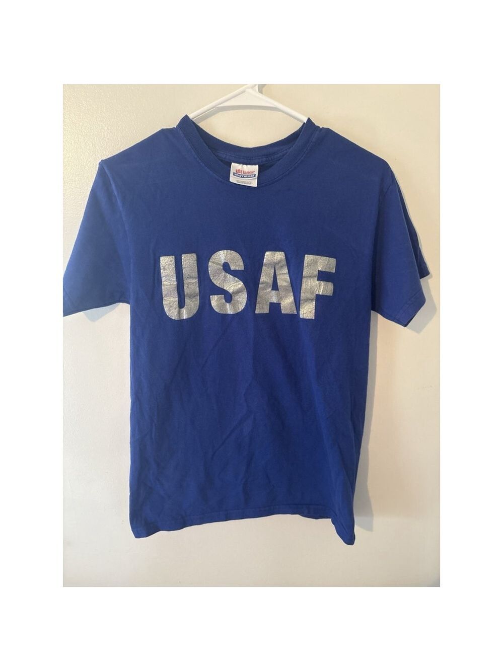 Vintage Hanes Heavyweight USAF T-Shirt Blue Silver Spellout Adult Small